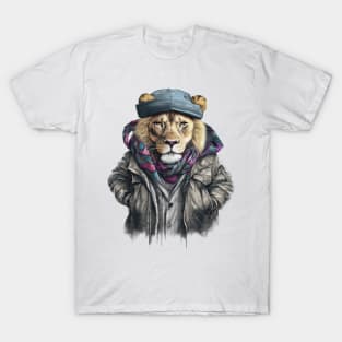 Lion wearing a jackets hat and a scarf T-Shirt